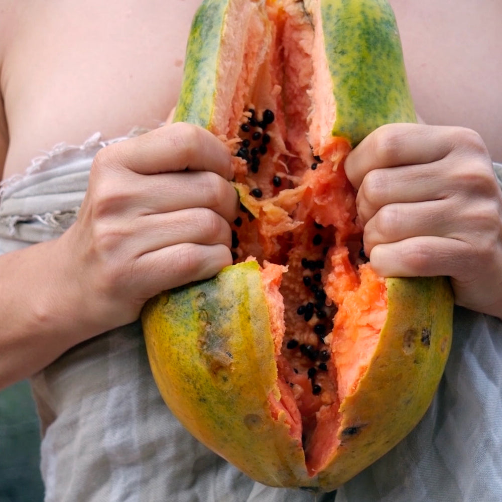 Person holding a large papaya with a blurred natural background