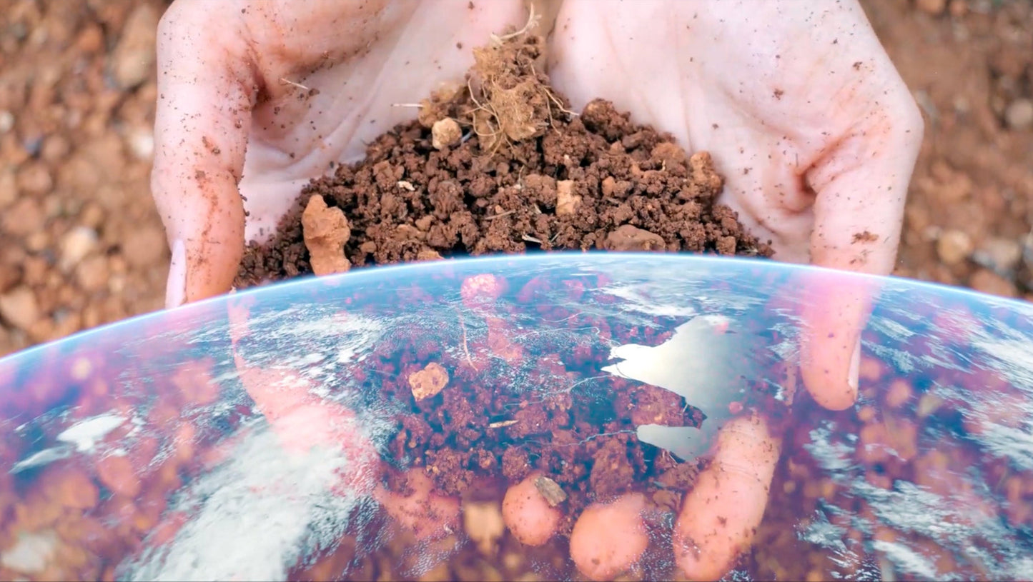 Close-up of hands holding soil with a world map in the background